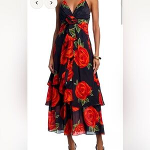 FARM Rio Black Midi Dress with Bold Red Rose Print